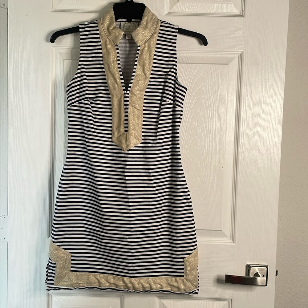 Sail to Sable Black and White Striped Midi Dress with Gold Accents